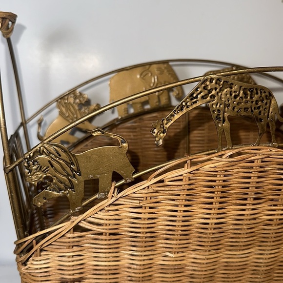 Vintage Wicker Magazine Rack with Brass Safari Animal Design - Picture 8 of 8